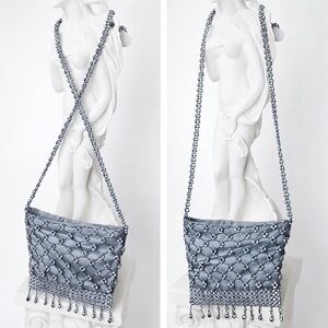 Vintage Beaded Evening Bag Gunmetal Gray Zippered Top Access